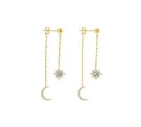 Moon Star Tassel Dangle Earrings for Women, 2-Way Wear CZ Drop Earrings, Elegant Long Earring for Daily Wear, Gold/Silver (Gold)