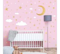 Moon Star Wall Stickers Retro Gold Stars Wall Stickers Small Vinyl Star Wall Decals White Cloud Wall Decals Moon Cloud Stars Sticker for Kids Room Bedroom Nursery Decor