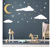 Moon, Stars and Clouds Wall Decals, Cute Removable Clouds Wall Stickers, Cartoon Moon Star Wallpaper, DIY Good Night Nursery Wall Decor, for Kids Boy Girls Baby Bedroom Living Room (White)