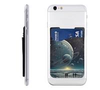 Moon Stars and Planets Mobile Phone Case Card Holder - Adhesive Pu Leather Id Case for The Back of Most Smartphones