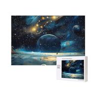 moon stars and planets Printed 300 Pieces Jigsaw Puzzle with Storage Box, Wooden Puzzle for Adults and Kids, Family Fun Decorative Game, 40x28 CM