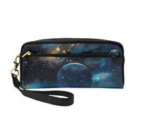 Moon Stars and Planets Printed Leather Makeup Bags with Wrist Strap Portable Travel Toiletry Bag Cosmetic Organizer Bag for Women