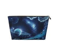 Moon Stars and Planets Printed Leather Travel Toiletry Makeup Bag with Gold Zipper for Women on the Go