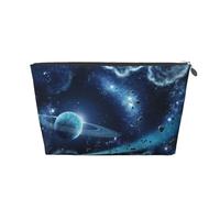 Moon Stars and Planets Printed Leather Travel Toiletry Makeup Bag with Silver Zipper for Women on the Go