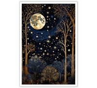 Moon & Stars Wall Art Print - Vintage Celestial Artwork with Moon, Stars & Golden Floral Accents - Home Décor for Living Room, Bedroom, Kitchen - 16x24 in Unframed