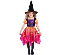 Moon & Stars Witch Costume Girls Colourful Witches Halloween Fancy Dress Outfit