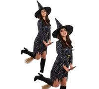 Moon & Stars Witch + Hat Witches Fancy Dress Costume Halloween Adults UK 4-18