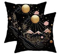 Moon Throw Pillow Covers Set of 2 Bohemian Cloud Hand Plants Mountain Astrology Starry Night Black Fuzzy Velvet Washable Home Patio Room Couch Square Home Sofa Bed Decorative Cushion Cover 16x16inch