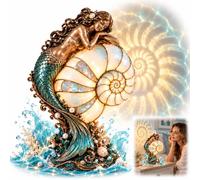 Moon Tide Mermaid Nautilus Lamp with Spiral Wall Projection (A 1PC) | Pearlescent shell glow, bronze mermaid detail and spiral projection create elegant coastal ambiance day or night.