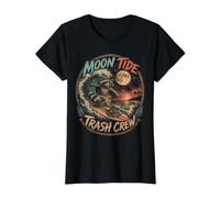 Moon Tide Trash Crew Raccoon Surfing Retro Beach Value Graphic T-Shirt, Women, Black, S