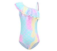 Moon Tree Girls Swimming Costume Mermaid One Piece Swimsuits One Shoulder Ruffle Swimwear Rainbow Age 7-8 Years