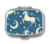 Moon Unicorn Blue Pill Case Box with 2 Compartment Medicine Vitamin Organizer for Purse Pocket 5.5x4cm