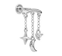 Moon Vertical Piercing Dangle Earring, Silver 925 Hidden Internally Threaded Dangle Earring Stylish Chain Jewelry Suitable for Women