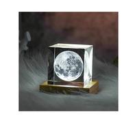 (Moon with LED Base, 6x6x6cm) 3D Moon Solar Galaxy System Model Paperweight - Laser Etched Crystal Glass Cube, LED Night Light, Desktop Room Decor, Creative Gifts