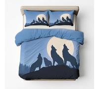 Moon Wolf Double Bed Duvet Cover Set 3 Piece with 2 Pillowcases, Howling Wolves Patterned Bedroom Decor Bedding, Soft Microfibre Quilt Cover with Zip I&Z18