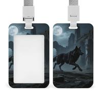 Moon Wolf Theme ID Badge Holder with Lanyard Vertical Badge Reel Clip Durable Clear Window Name Tag ABS Plastic Push-Pull Design ID Card Holder for Office, Nurses, Employees