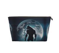 Moon Wolf Warrior Leather Makeup Bag, Travel Cosmetic Toiletry Bag for Women, Large Capacity Makeup Pouch, Zipper Makeup Bag Organizer