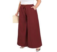 Moon Wood 2026 Womens Wide Leg Trousers Ladies Printed Flowy Palazzo Pants Summer Elasticated Smocked Waist Casual Trousers with Pockets Plus Size Red 4XL