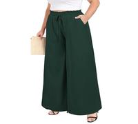 Moon Wood 2026 Womens Wide Leg Trousers Ladies Printed Flowy Palazzo Pants Summer Elasticated Smocked Waist Casual Trousers with Pockets Plus Size Dark Green XXL