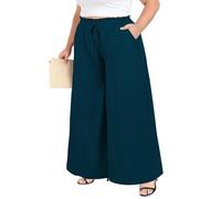 Moon Wood 2026 Womens Wide Leg Trousers Ladies Printed Flowy Palazzo Pants Summer Elasticated Smocked Waist Casual Trousers with Pockets Plus Size Blue 4XL