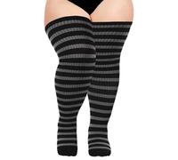 Moon Wood Plus Size Thigh High Socks for Women Halloween Festival Striped Over the knee Boot Socks Thick Knitted Cotton Leg Warmers Black & Grey