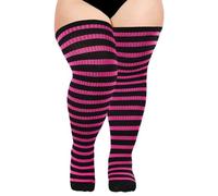 Moon Wood Plus Size Thigh High Socks for Women Halloween Festival Striped Over the knee Boot Socks Thick Knitted Cotton Leg Warmers Black & Light Rose Red