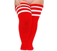 Moon Wood Plus Size Womens Thigh High Socks for Thick Thighs- Extra Long Striped Thick Over the Knee Stockings- Leg Warmer Boot Socks, Bright Red & White