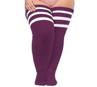 Moon Wood Plus Size Womens Thigh High Socks for Thick Thighs- Extra Long Striped Thick Over the Knee Stockings- Leg Warmer Boot Socks, Grape Purple & White, Large C-50