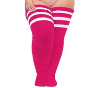 Moon Wood Plus Size Womens Thigh High Socks for Thick Thighs- Extra Long Striped Thick Over the Knee Stockings- Leg Warmer Boot Socks, Rose & White, Large