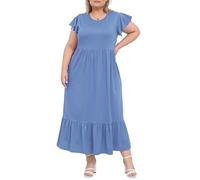 Moon Wood Summer Dresses for Women Crew Neck Ruffle Sleeve Curvy Long Dress with Pockets Plus Size Dusty Blue 5XL