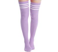 Moon Wood Women Over The Knee Thigh High Socks Extra Long Warm Knit Socks Women Striped Thigh High Tights,Light Purple & White