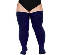 Moon Wood Women Plus Size Thigh High Socks Extra Long Striped Thick Over the Knee Socks Leg Warmer Boot Stockings Smokey Navy