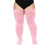 Moon Wood Women Plus Size Thigh High Socks Extra Long Striped Thick Over the Knee Socks Leg Warmer Boot Stockings Baby Pink
