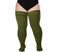 Moon Wood Women Plus Size Thigh High Socks Extra Long Striped Thick Over the Knee Socks Leg Warmer Boot Stockings Army Green
