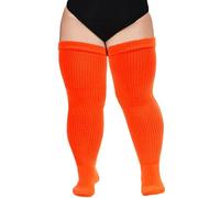 Moon Wood Women Plus Size Thigh High Socks Extra Long Striped Thick Over the Knee Socks Leg Warmer Boot Stockings Neon Orange