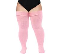 Moon Wood Women Plus Size Thigh High Socks Extra Long Striped Thick Over the Knee Socks Leg Warmer Boot Stockings Baby Pink