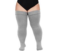 Moon Wood Women Plus Size Thigh High Socks Extra Long Striped Thick Over the Knee Socks Leg Warmer Boot Stockings Grey
