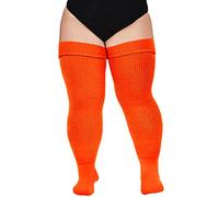 Moon Wood Women Plus Size Thigh High Socks Extra Long Striped Thick Over the Knee Socks Leg Warmer Boot Stockings Neon Orange