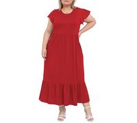 Moon Wood Women's 2025 Summer Casual Dress Crew Neck Ruffle Short Sleeve Maxi Dresses with Pockets Plus Size Red XL