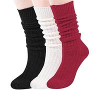 Moon Wood Women's 3 Pairs Slouch Socks Extra Long Knee High Socks Knit Wool Scrunch Boot Socks Size 4-8 Black/White/Red