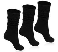 Moon Wood Women's Black Slouch Socks 3 Pairs Extra Long Cotton Knit Knee High Thick Scrunch Socks Thigh High Boots Leg Warmers Size UK 4-8