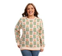 Moon Wood Womens Jumper Winter Warm Jacquard Knit Pullover Oversized Casual Long Sleeve Sweater with Crew Neck Plus Size Floral 02 L