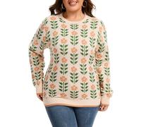Moon Wood Womens Jumper Winter Warm Jacquard Knit Pullover Oversized Casual Long Sleeve Sweater with Crew Neck Plus Size Floral 02 3XL