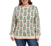 Moon Wood Womens Jumper Winter Warm Jacquard Knit Pullover Oversized Casual Long Sleeve Sweater with Crew Neck Plus Size Floral 01 L