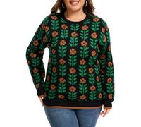 Moon Wood Womens Jumper Winter Warm Jacquard Knit Pullover Oversized Casual Long Sleeve Sweater with Crew Neck Plus Size Floral 05 3XL