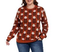 Moon Wood Womens Jumper Winter Warm Jacquard Knit Pullover Oversized Casual Long Sleeve Sweater with Crew Neck Plus Size Floral 04 5XL