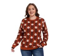 Moon Wood Womens Jumper Winter Warm Jacquard Knit Pullover Oversized Casual Long Sleeve Sweater with Crew Neck Plus Size Floral 04 3XL