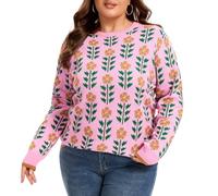 Moon Wood Womens Jumper Winter Warm Jacquard Knit Pullover Oversized Casual Long Sleeve Sweater with Crew Neck Plus Size Floral 03 XXL