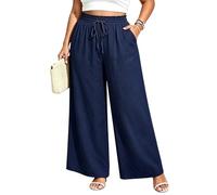 Moon Wood Women's Ladies Summer Casual Trousers Elasticated High Waisted Wide Leg Flowy Palazzo Pants with Pockets Navy 2XL