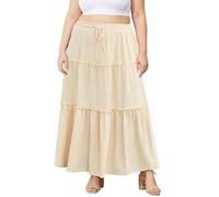 Moon Wood Women's Plus Size Maxi Skirt High Waisted Ruffles A Line Flowy Long Skirts Ladies Beach Skirts with Pockets Almond 4XL